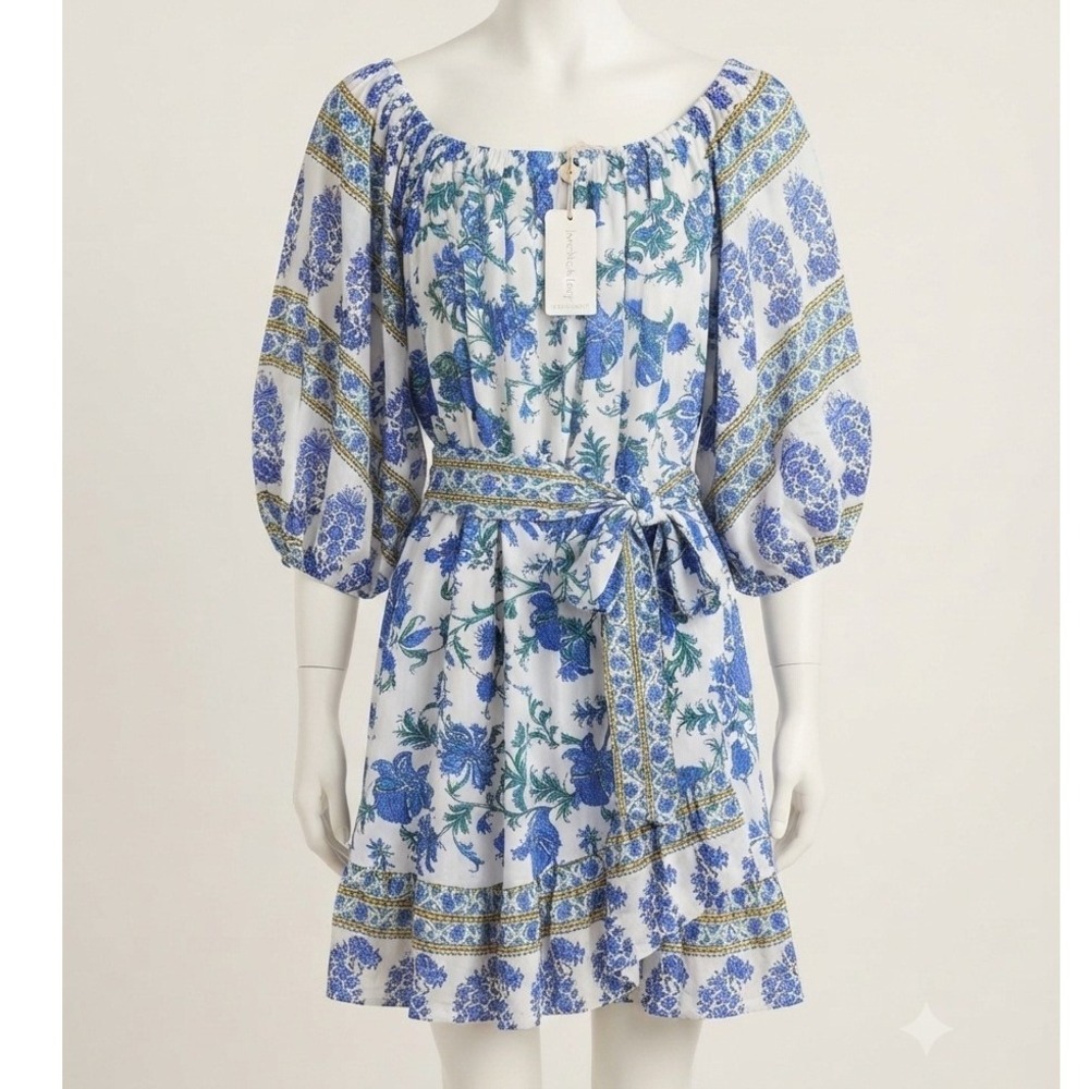 Artelier Nicole Miller Blue White Floral Off Shoulder Puff Sleeve Belted Dress M